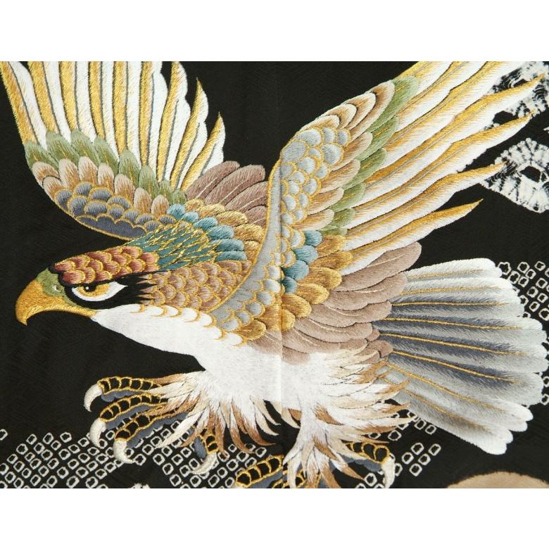京美 七五三 5歳 男の子 正絹 羽織単品 総刺繍鷹 黒 手本絞り 金駒刺繍
