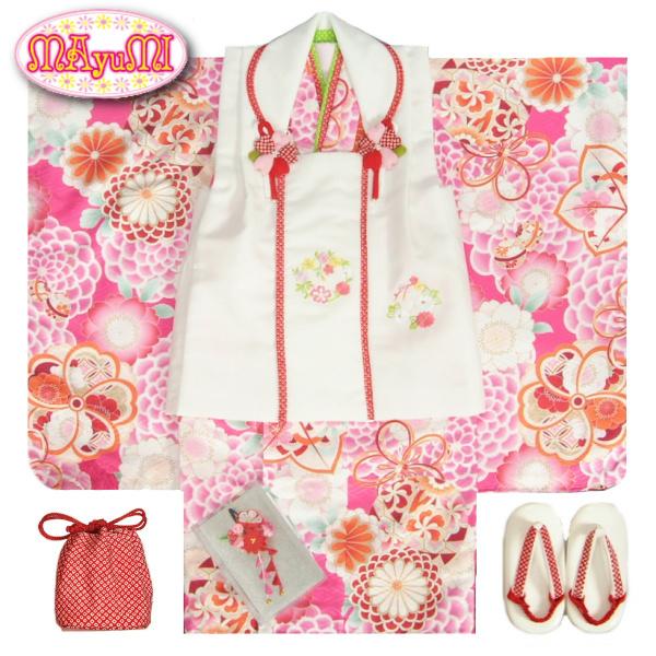 七五三 着物 3歳 女の子 被布セット マユミブランド ピンク色 牡丹菊 被布刺繍使い白色 雛祭り 正月 足袋付フルセット 日本製