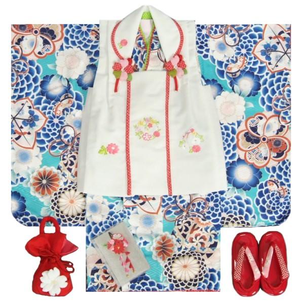七五三 着物 3歳 女の子 被布セット マユミブランド 青緑色 牡丹菊 被布刺繍使い白色 雛祭り 正月 足袋付フルセット 日本製 