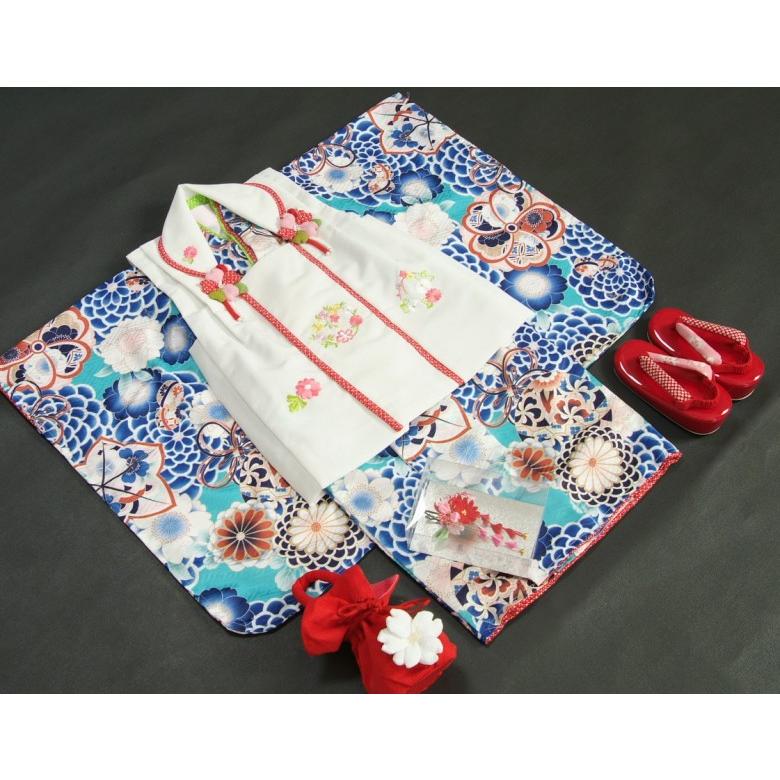 七五三 着物 3歳 女の子 被布セット マユミブランド 青緑色 牡丹菊 被布刺繍使い白色 雛祭り 正月 足袋付フルセット 日本製 | 京美 | 01