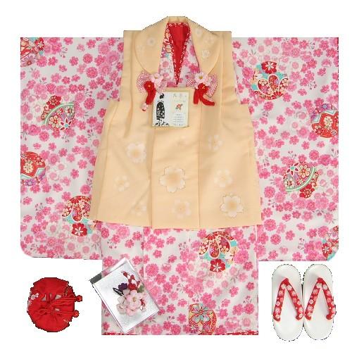 七五三 着物 三歳 女の子 被布セット 花夢二 白地 ピンク 被布オレンジ 桜 金彩 足袋付セット　　　