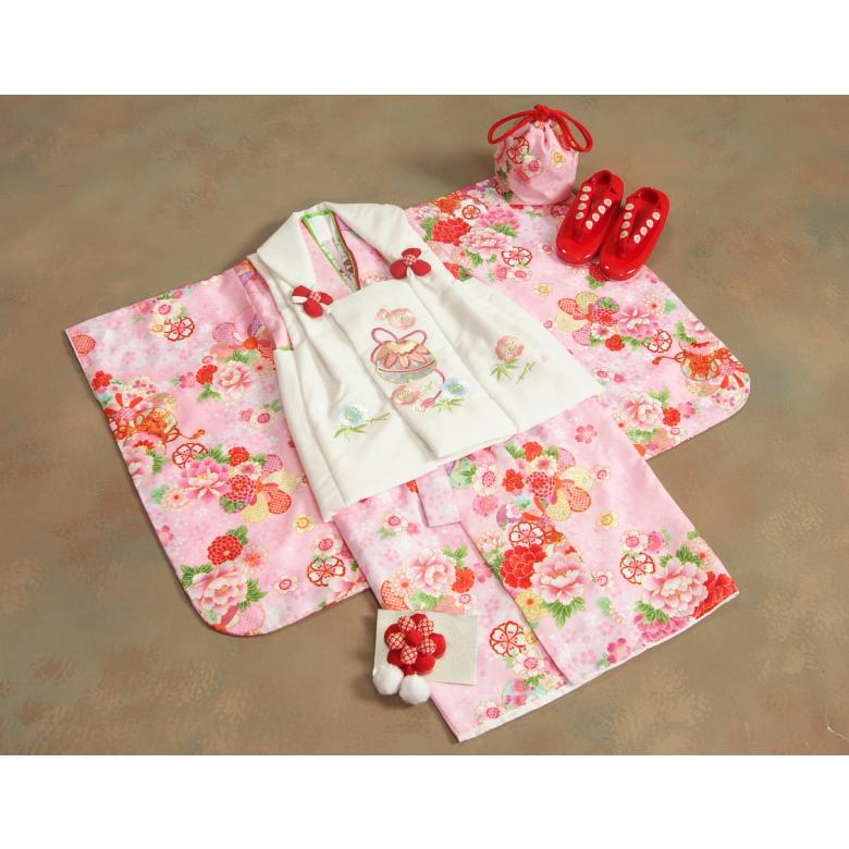 七五三 着物 3歳 女の子 被布セット 京都花ひめ 濃淡ピンク着物 被布白 