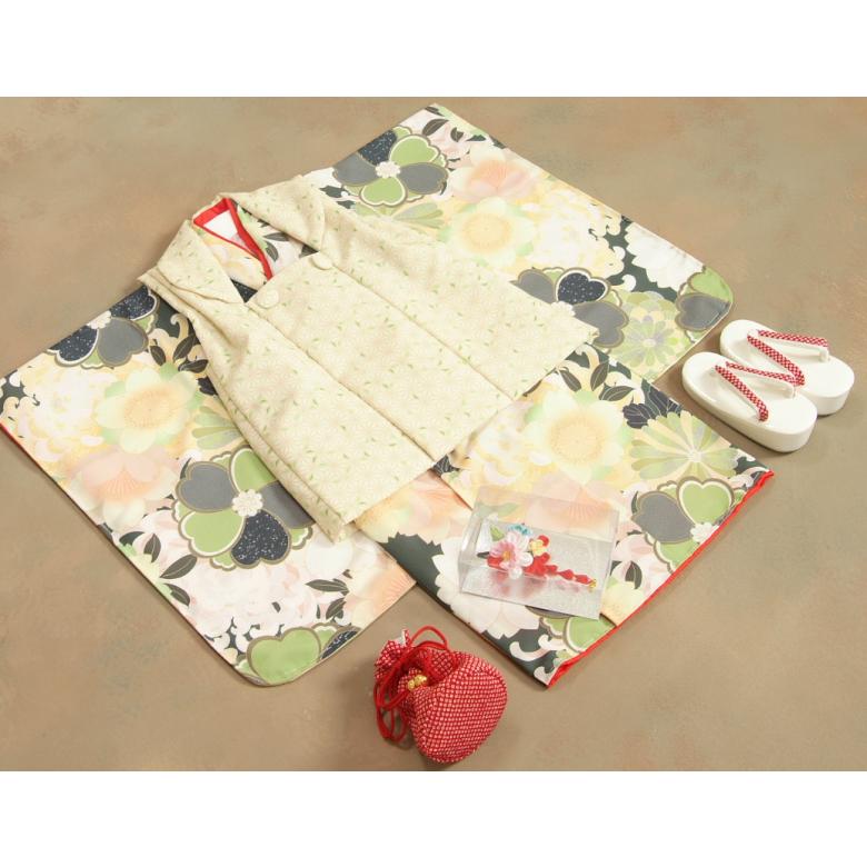 七五三 着物 3歳 女の子 被布セット 式部浪漫KAGURA（かぐら）ブランド 緑 百花 被布黄緑麻の葉柄 雛祭り 正月 足袋付セット 日本製 | 京美 | 02