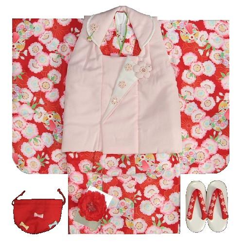七五三 着物 3歳 女の子 被布セット チャイルドリームブランド 赤 淡いピンク被布セット 桜 風車 足袋に刺繍半衿の付いたフルセット 