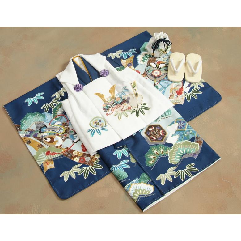 七五三 男の子 3歳 被布着物セット 紺地 絵羽柄 被布白色 白半襟に足袋付きセット 日本製 | 京美 | 02