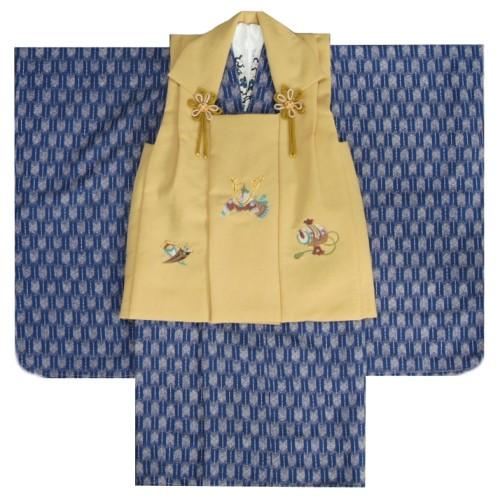 七五三 男の子 3歳 被布着物セット 青 矢絣柄 被布金茶ベージュ色 刺繍半襟に足袋付きセット 日本製 お宮参り着物が高品質お値打ち価格 京美