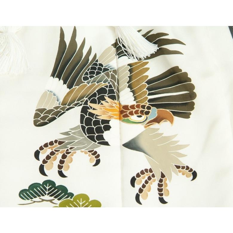 七五三 3歳 男の子 着物 正絹被布雪駄セット 白 鷹 手描き 変わり無地精華生地 選べる信玄袋 足袋付き 日本製 | 京美 | 03