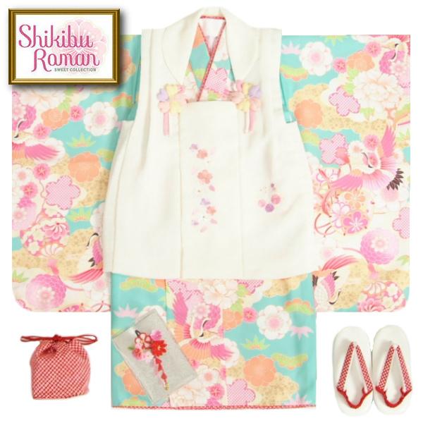 七五三 着物 3歳女の子被布セット 天使ブランド エメラルドグリーン色総疋田柄 被布ピンク赤疋田切替 二段重ね衿 刺繍半衿に足袋付きセット お宮参り着物が高品質お値打ち価格 京美