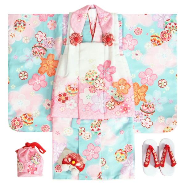 七五三 着物 3歳 女の子 被布セット 麗蘭ブランド 水色地着物 3色桜 被布白ピンク疋田染め分け 足袋付きセット