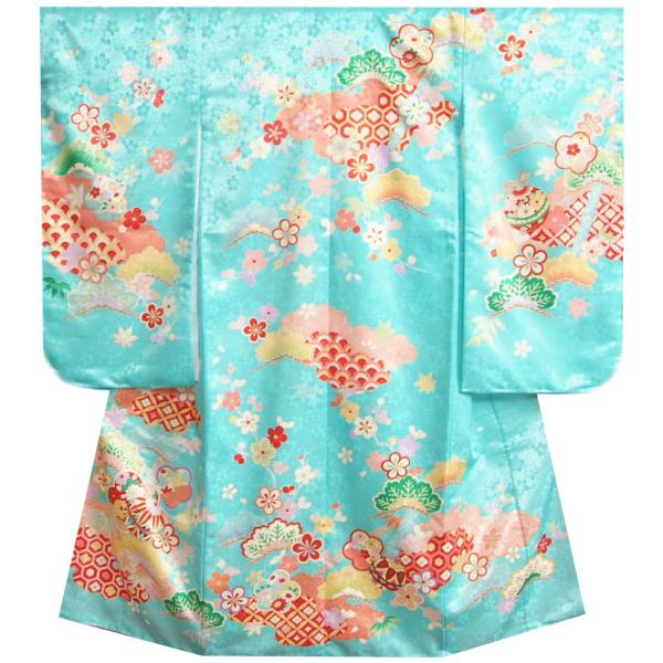 七五三 着物 7歳 女の子 四つ身着物 花うさぎブランド 水色 松竹梅 絵羽柄 桜地紋生地