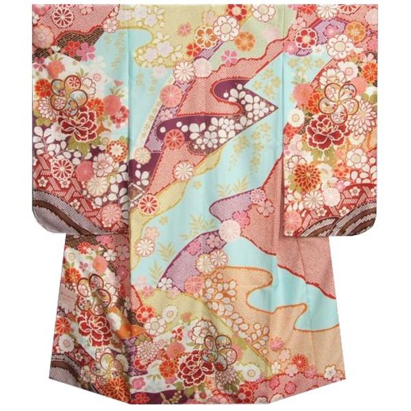 七五三 着物 7歳 女の子 四つ身着物 式部浪漫 水色地 華尽くし 金糸刺繍 疋田友禅柄 日本製