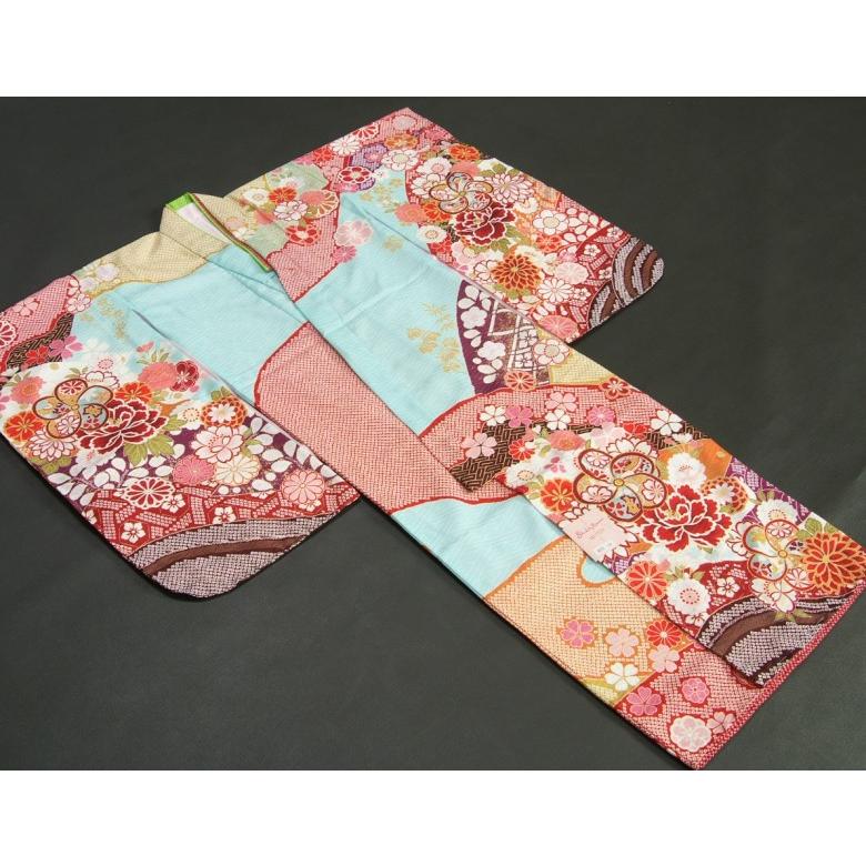 七五三 着物 7歳 女の子 四つ身着物 式部浪漫 水色地 華尽くし 金糸刺繍 疋田友禅柄 日本製 | 京美 | 01