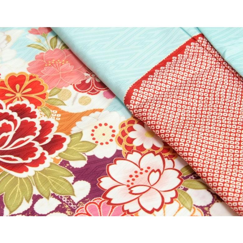 七五三 着物 7歳 女の子 四つ身着物 式部浪漫 水色地 華尽くし 金糸刺繍 疋田友禅柄 日本製 | 京美 | 02