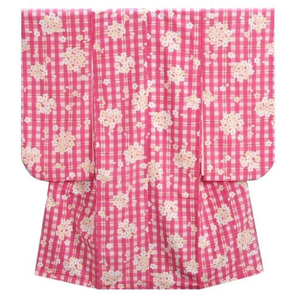 七五三　着物　7歳　女の子四つ身着物　ピンク格子チェック　桜珠柄