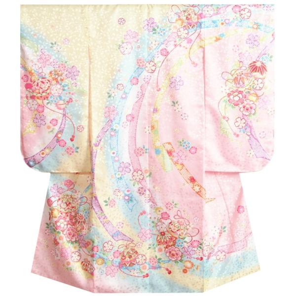 七五三 着物 7歳 女の子 四つ身着物 黄色地三色ぼかし染め 桜 まり 地紋生地