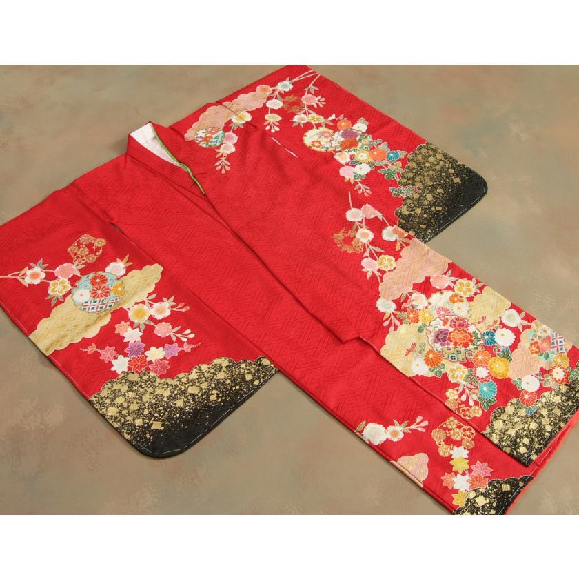 七五三 着物 7歳 正絹 女の子 四つ身着物 正絹手描き赤色地着物 華百選 金彩雲取 日本製 | 京美 | 01
