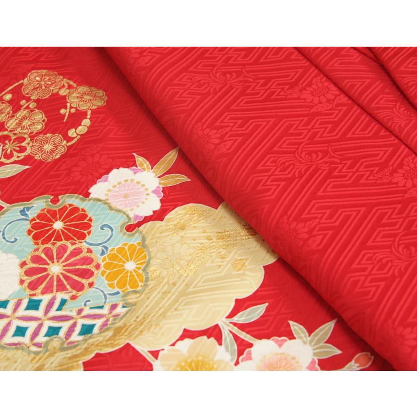 七五三 着物 7歳 正絹 女の子 四つ身着物 正絹手描き赤色地着物 華百選 金彩雲取 日本製 | 京美 | 02