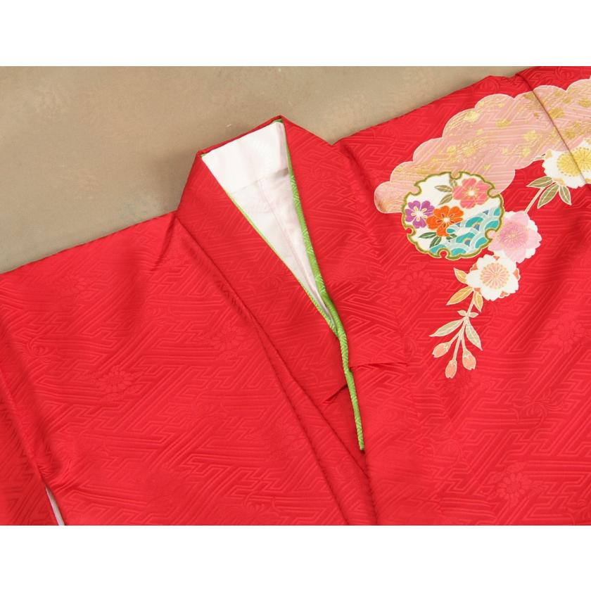 七五三 着物 7歳 正絹 女の子 四つ身着物 正絹手描き赤色地着物 華百選 金彩雲取 日本製 | 京美 | 03