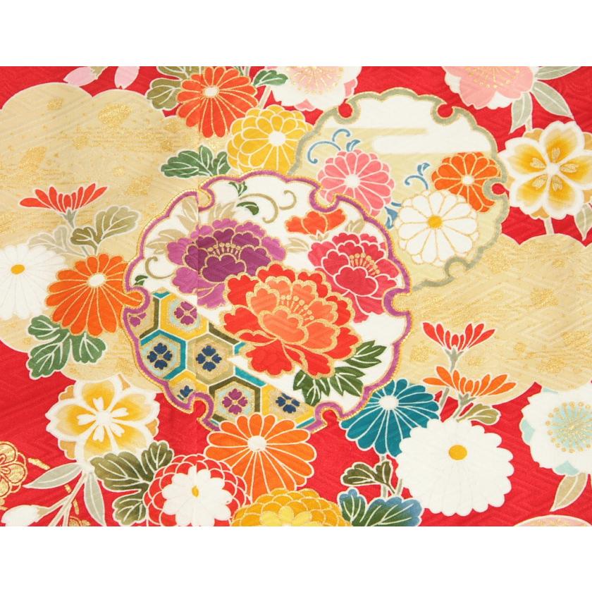 七五三 着物 7歳 正絹 女の子 四つ身着物 正絹手描き赤色地着物 華百選 金彩雲取 日本製 | 京美 | 04