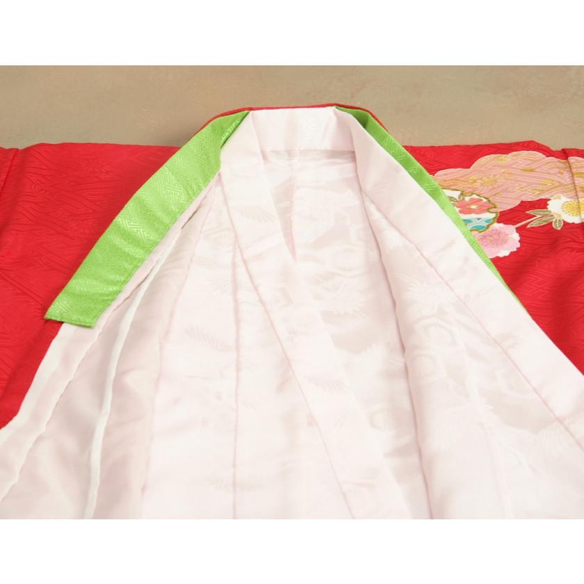七五三 着物 7歳 正絹 女の子 四つ身着物 正絹手描き赤色地着物 華百選 金彩雲取 日本製 | 京美 | 06