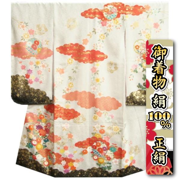 七五三 着物 7歳 正絹 女の子 四つ身着物 正絹手描き白色地着物 華百選 金彩雲取 日本製