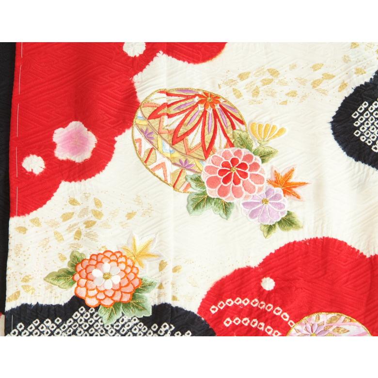 正絹 紅型染 赤 花柄 女児四つ身 着物7歳用 正絹 紅型染 赤 花柄 女児