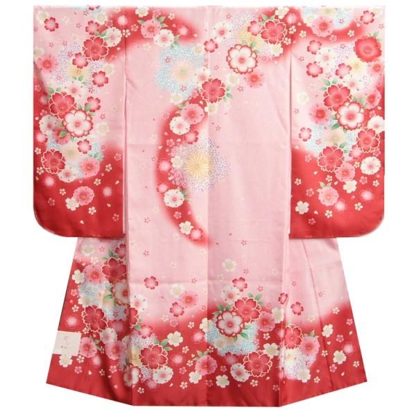 七五三 着物 7歳 女の子 紅ピンク染め分け着物 桜 牡丹 桜地紋生地