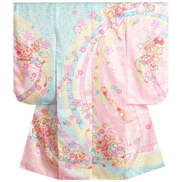 七五三 着物 7歳 女の子 四つ身着物 水色地三色ぼかし染め 桜 まり 地紋生地