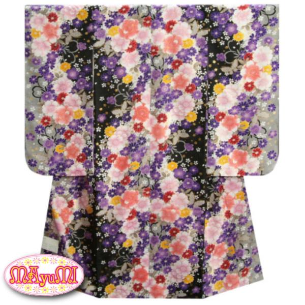 七五三 着物 7歳 女の子 四つ身着物 マユミブランド 灰黒染め分け地色 四季桜 芍薬 桜地紋生地