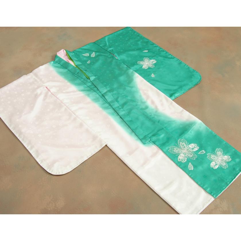 七五三 着物 7歳 女の子 四つ身着物 白地エメラルドグリーン色染め分け 銀駒刺繍 桜 吹雪桜地紋 日本製 | 京美 | 01