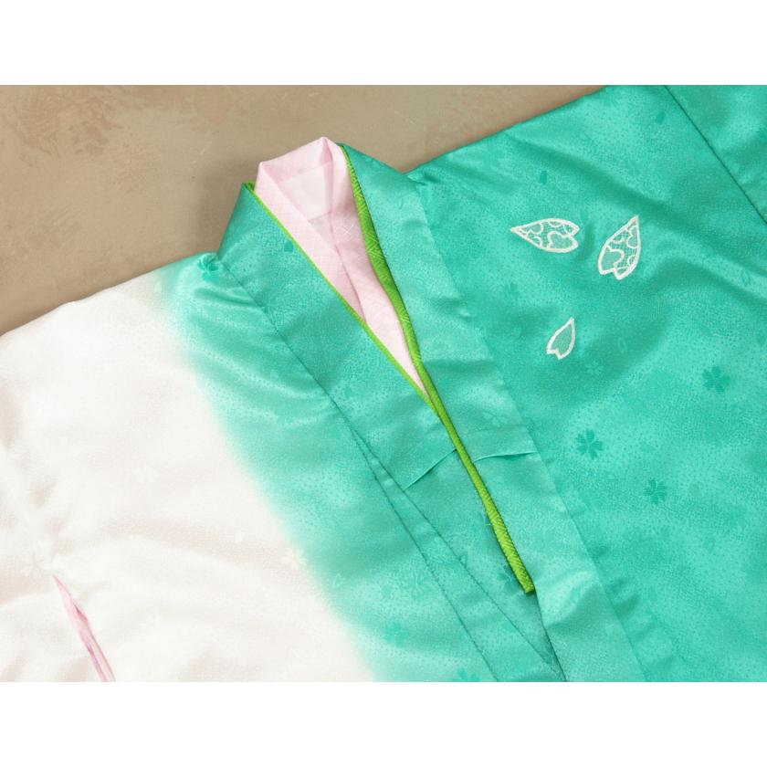 七五三 着物 7歳 女の子 四つ身着物 白地エメラルドグリーン色染め分け 銀駒刺繍 桜 吹雪桜地紋 日本製 | 京美 | 03