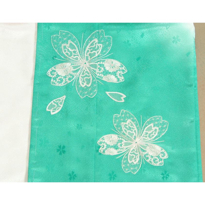 七五三 着物 7歳 女の子 四つ身着物 白地エメラルドグリーン色染め分け 銀駒刺繍 桜 吹雪桜地紋 日本製 | 京美 | 04