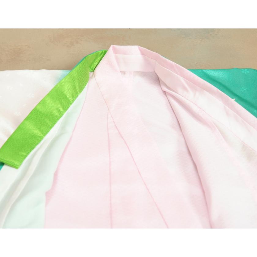 七五三 着物 7歳 女の子 四つ身着物 白地エメラルドグリーン色染め分け 銀駒刺繍 桜 吹雪桜地紋 日本製 | 京美 | 05