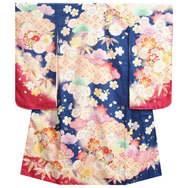 七五三 着物 ７歳 女の子 四つ身着物 式部浪漫ブランド 青紺色染め分け 桜七宝 金糸刺繍 サヤ地紋生地 日本製