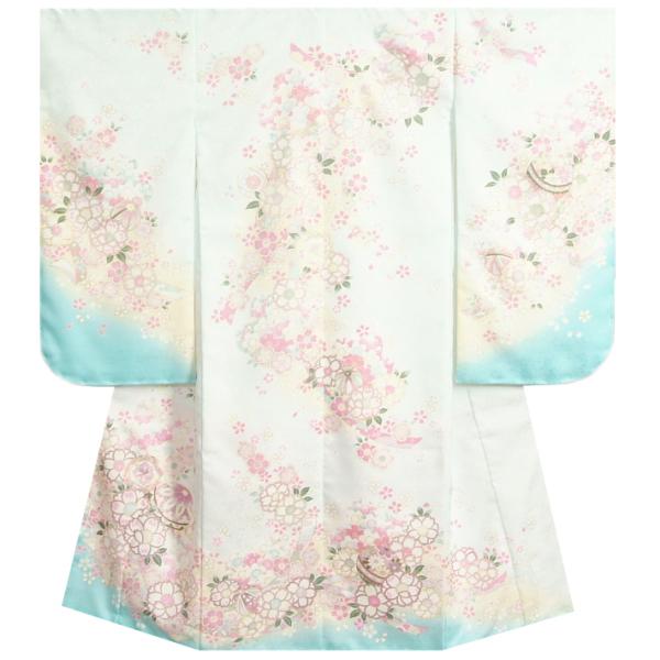 七五三 着物 7歳 女の子 四つ身着物 京都花ひめブランド 濃淡水色 絵羽柄 八重桜 まり 金彩 紗綾華本地紋生地 日本製