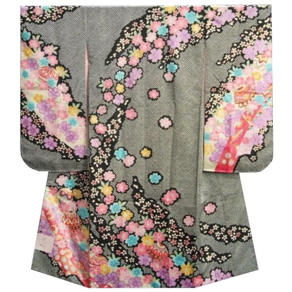 七五三着物 7歳 女の子 四つ身着物 京都花ひめブランド 黒色地総疋田柄 まり 絵羽柄 紋意匠生地