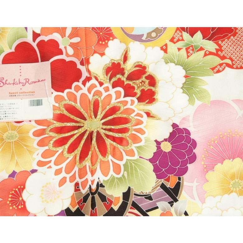 七五三 着物 7歳 女の子 四つ身着物 式部浪漫 白色地ピンク染め分け 菊 金糸刺繍 熨斗牡丹 日本製 | 京美 | 04