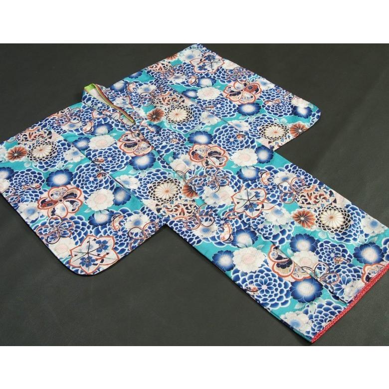 七五三 着物 7歳 女の子 四つ身着物 マユミブランド 青緑色 牡丹菊 サヤ地紋 日本製 | 京美 | 01