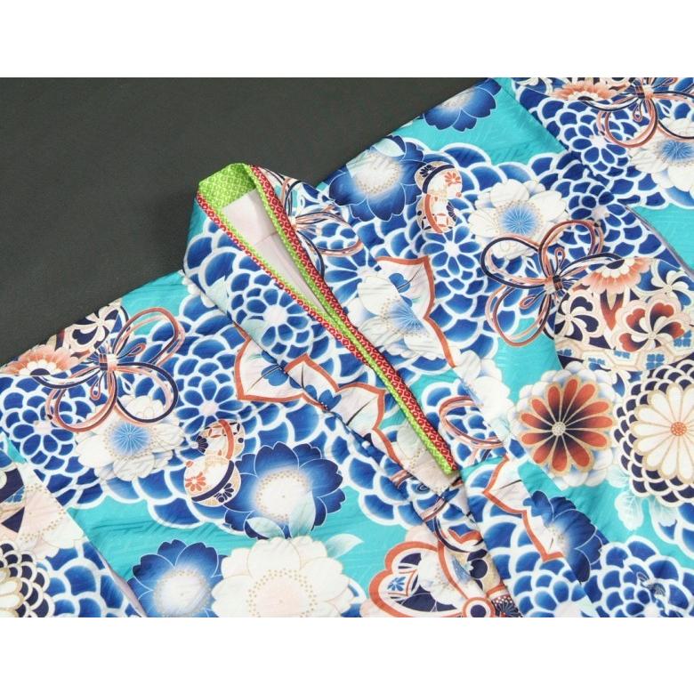 七五三 着物 7歳 女の子 四つ身着物 マユミブランド 青緑色 牡丹菊 サヤ地紋 日本製 | 京美 | 03