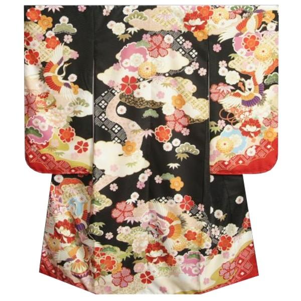 七五三 着物 7歳 女の子 四つ身着物 式部浪漫 黒地色 百花繚乱 鶴 サヤ地紋生地 日本製
