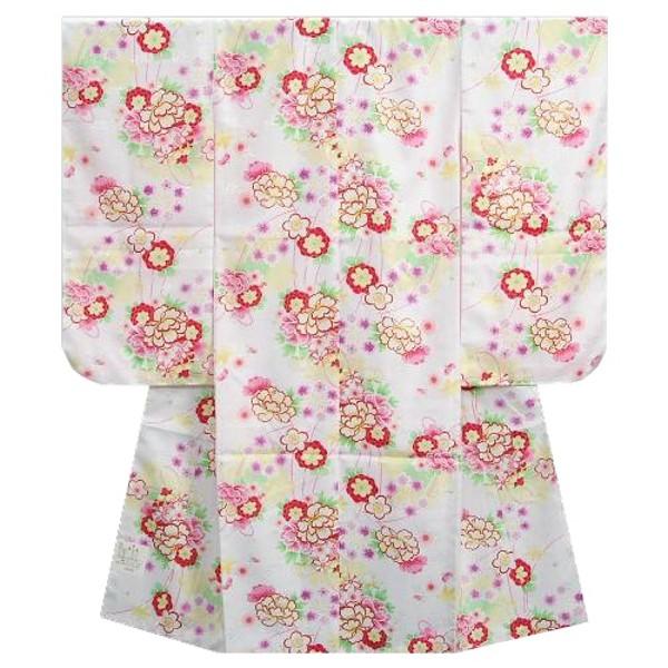 七五三着物　七歳女の子四つ身着物　白色　桜　芍薬　牡丹　
