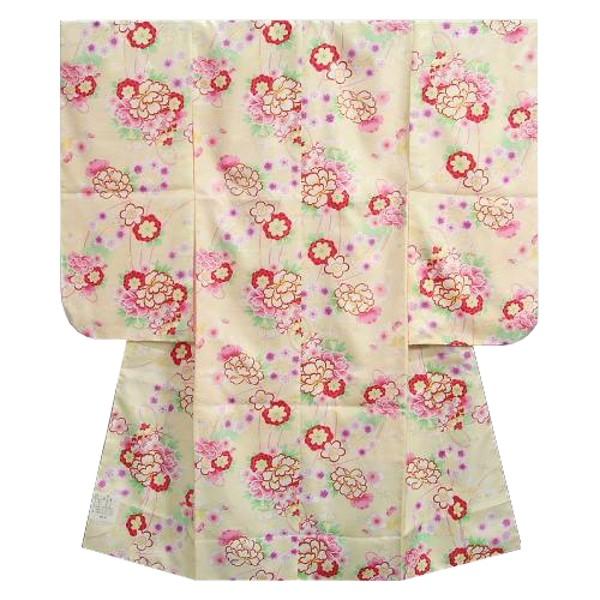 七五三着物　七歳女の子四つ身着物　黄色　桜　芍薬　牡丹　