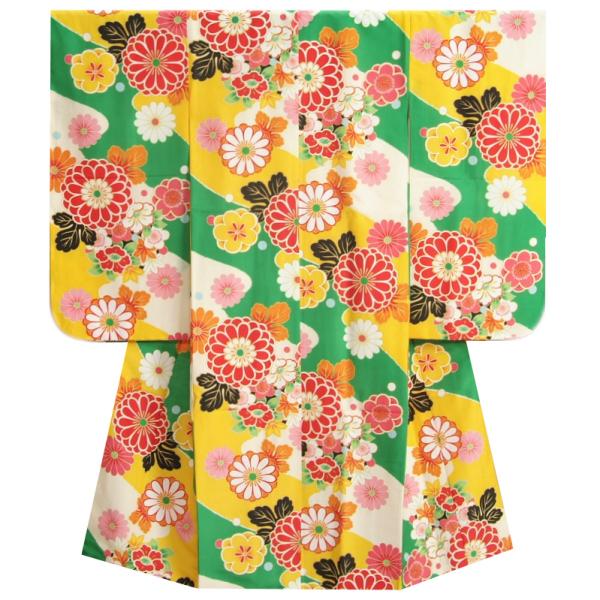 七五三 着物 7歳 女の子 緑橙流れ染め分け 菊 八重梅 縮緬生地