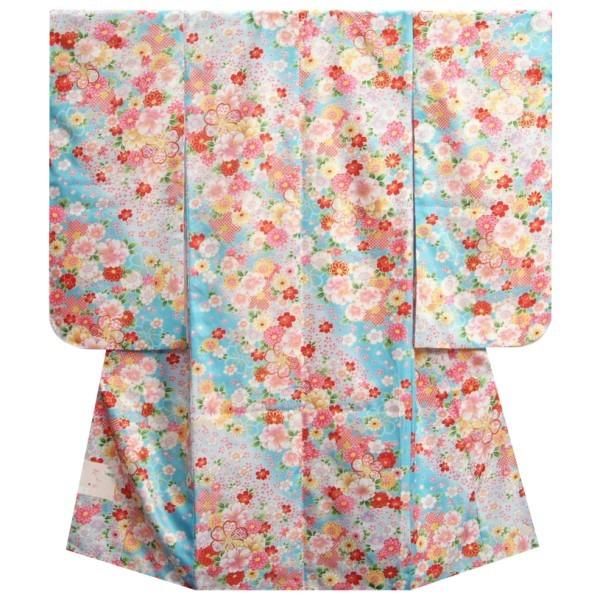 七五三 着物 7歳 女の子 四つ身着物 濃淡水色地 小柄有職縁起柄 サヤ地紋生地