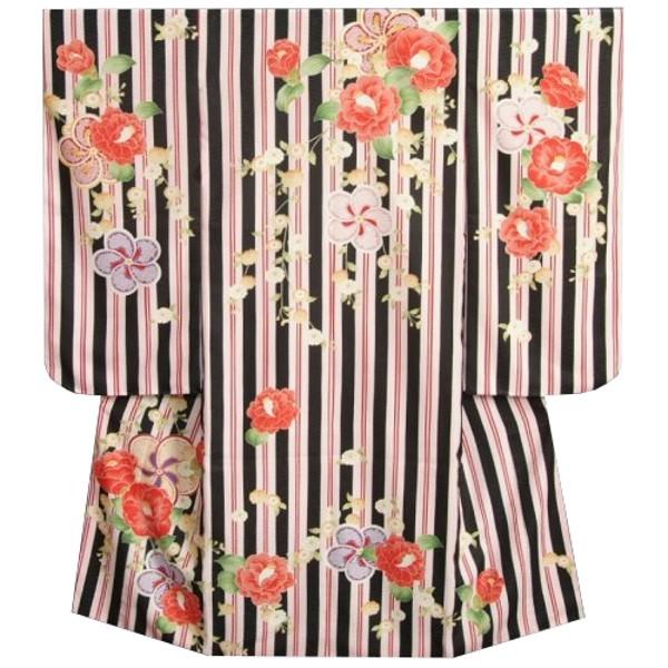 七五三着物7歳　女の子四つ身着物　式部浪漫神楽KAGURA　黒ピンク赤縞　椿　捻り梅　サヤ地紋生地　日本製