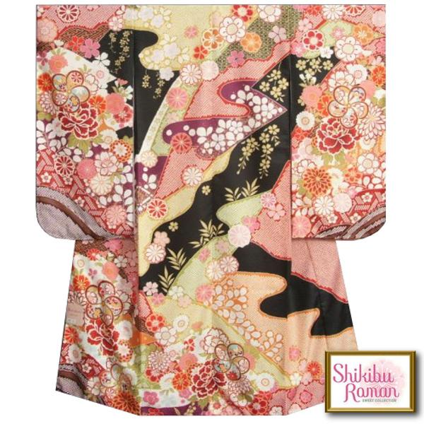 七五三 着物 7歳 女の子 四つ身着物 式部浪漫 黒色地 華尽くし 金糸刺繍 疋田友禅柄 日本製