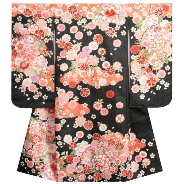 七五三着物　７歳　女の子四つ身着物　フロム京都ブランド　FromKYOTO　黒地朱赤染め分け　まり　刺繍牡丹菊　サヤ地紋生地