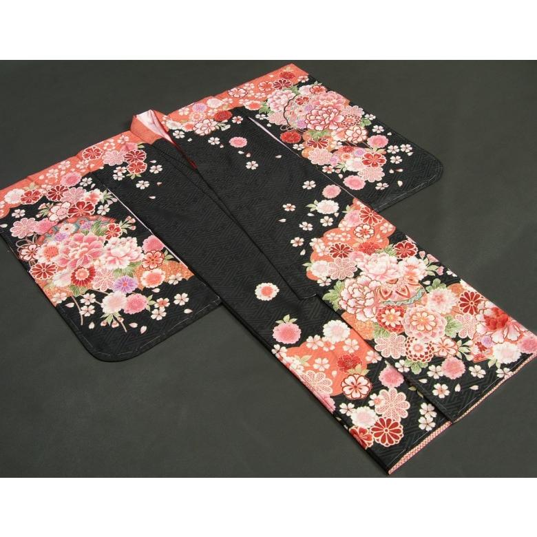 七五三着物　７歳　女の子四つ身着物　フロム京都ブランド　FromKYOTO　黒地朱赤染め分け　まり　刺繍牡丹菊　サヤ地紋生地 | 京美 | 01
