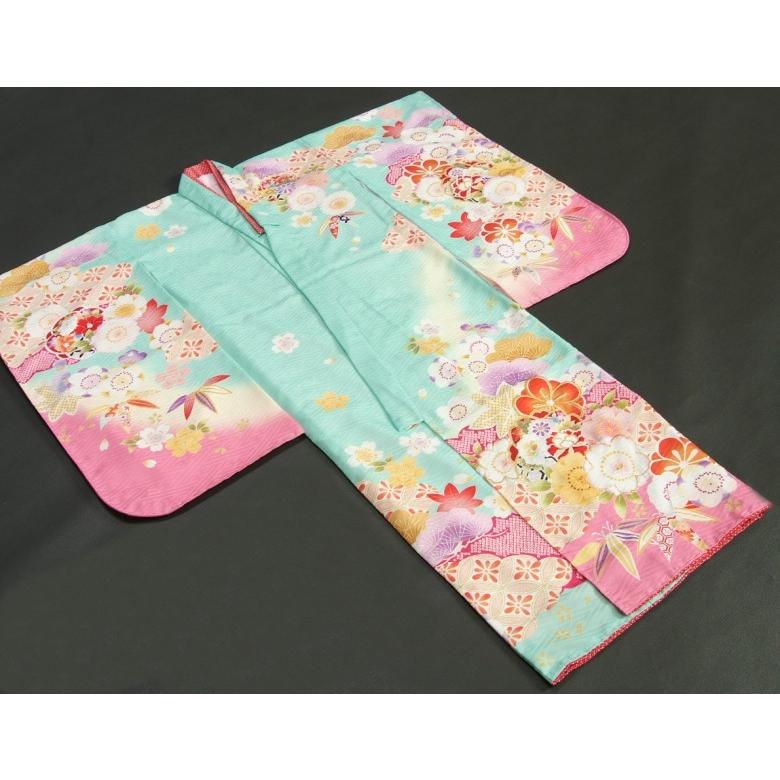 七五三 着物 7歳 女の子 四つ身着物 式部浪漫 淡エメラルドグリーン桜ピンク色染め分け 桜七宝 金糸刺繍 日本製 | 京美 | 01