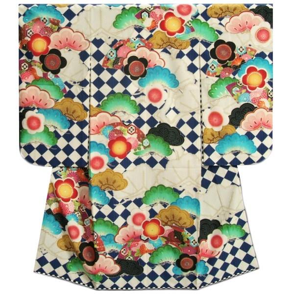 七五三 着物 7歳 女の子 四つ身着物 JAPANSTYLE×松坂大輔 青色 菱市松 扇面 松竹梅 地紋生地 | 京美